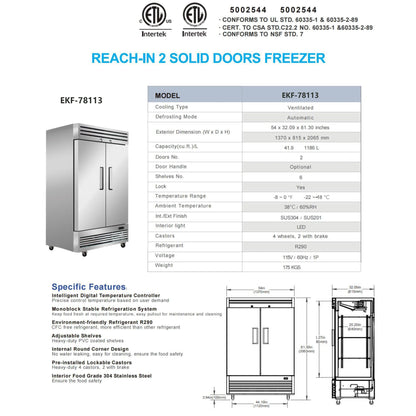 54 in. with 42 Cu.ft. Auto Defrost Freezer, Commercial 2 Door Reach in Upright Freezer in Stainless Steel, NSF