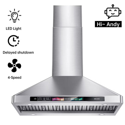 BRANO 30 Inch Wall Mount Range Hood Stainless Steel Hood, 900 CFM, Voice Control, 4-Speed
