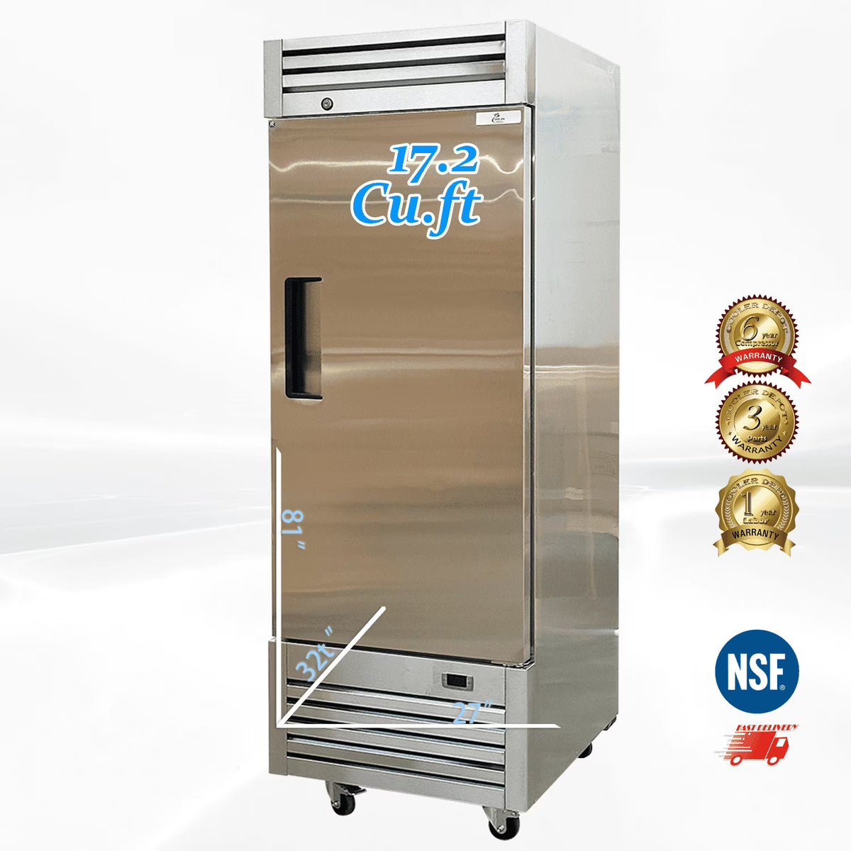 Reach-In Upright 17.2 Cu.Ft Commercial Freezer, Stainless Steel