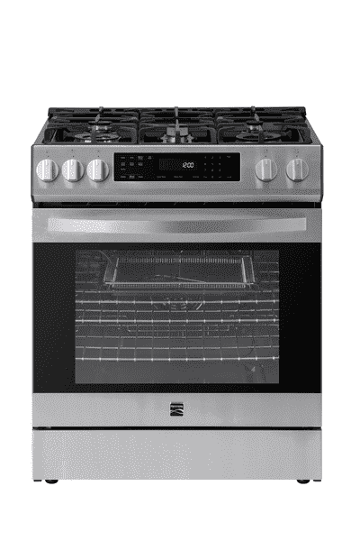 Kenmore 22-76853 5.6 cu. ft. Front-Control 5 Burner True Convection Gas Range with Oven, Large Window, Three Oven Racks, Dishwasher Safe Cast Iron Grates
