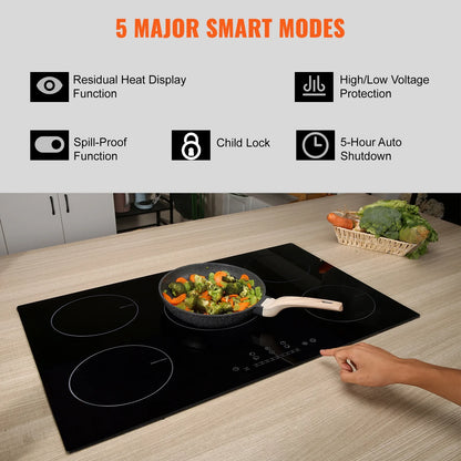 KFFKFF Electric Range, 5 Elements, 30'' Built-in Induction Cooking Surface, 9200W, 9 Power Settings, LED Display, Safety Lock & Heat Guard