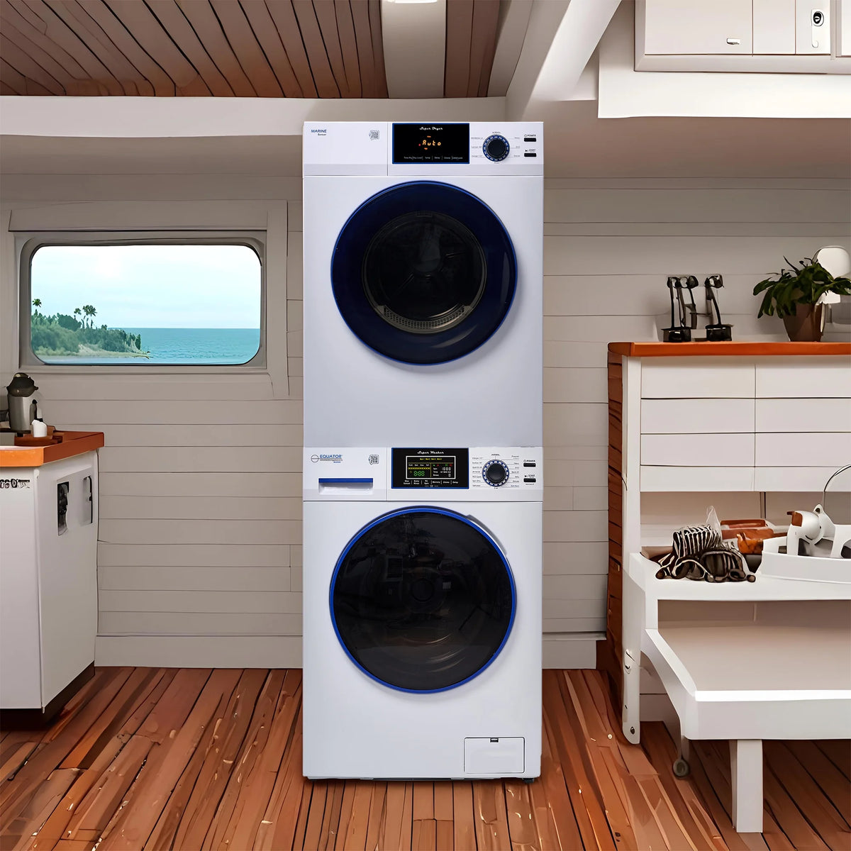 MARINE ANTI CORROSION Stackable Compact Washer 1.6cf+Sensor Dryer 3.1cf 110V