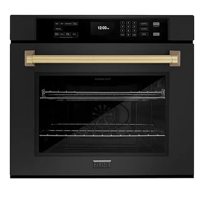 ZLINE 30 in. Autograph Edition Professional Convection Single Wall Oven with Air Fry and Self Clean in Black Stainless Steel with Champagne Bronze Handle (WASBZ-30-CB)