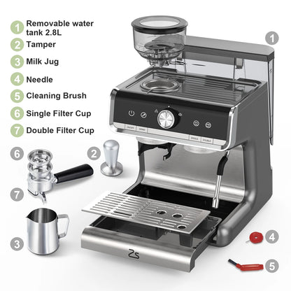 COZONY Espresso Machine 15 Bar, 2.5 L Water Tank, Semi Automatic Coffee Maker with Grinder, Milk Frother/Steam Wand, Italian Pump, All-in-One Espresso Machine, Stainless Steel, Silver