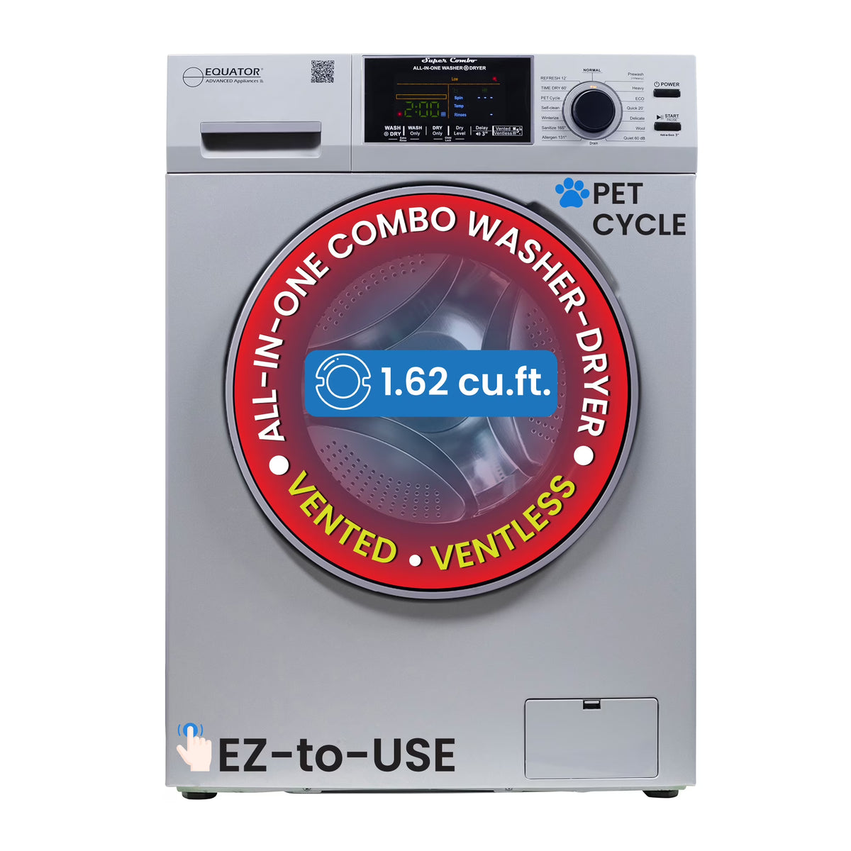 Equator 1.62 cu.ft./15 lbs All in One Combo Washer Dryer with Pet Cycle Silver