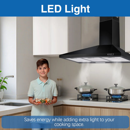 36 Inch Range Hood 450CFM Wall Mount Stainless Steel Kitchen Vent Hood Fan 3 Speed LED Light Chimney Hood Retractable black