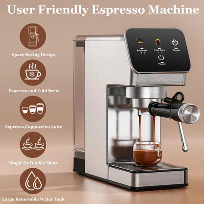 Espresso Machine 20 Bar, Rapid Cold Brew, Stainless Steel Coffee Machine with 40oz Removable Water Tank for Cappuccino, Latte, Silver
