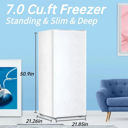 Auseo 7 Cu. ft. Upright Freezer with 4 fixed grid shelves, Space Saving, Adjustable Temperature Controls, Garage Ready deep Freezer, Manual Defrost, White