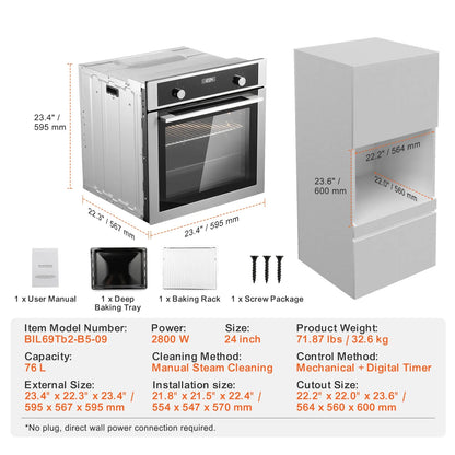 KFFKFF Single Wall Oven, 24" Electric Oven for Built-in Installation, Offers 9 Cooking Modes, 2.68 Cu.Ft Capacity, Includes Timer, 2800W Power