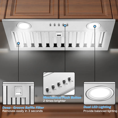 20" 600 CFM Range Hood Insert, Ultra-Quiet ��60dB, Dishwasher-Safe Filter, 3-Speed, LED Lights, Ductless/Ducted