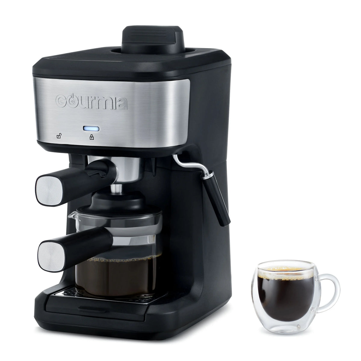 Gourmia 4-Shot Steam Espresso, Cappuccino, and Latte Maker with Frothing Wand, Black, New