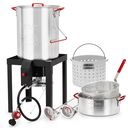 2024 New 30 Qt Turkey & 10 Qt Fish Fryer Boiler Steamer Set, Aluminum Turkey Deep Fryer Pot, 38, 000 BTU Outdoor Propane Stove Stand for 20 Lbs Turkey, Thermometer, Turkey Rack & Lifting Hook