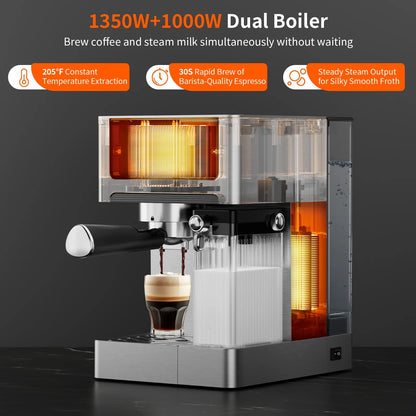 AIRMSEN Espresso Machine with Color Touchscreen, 20 Bar Cappuccino Latte Machines with Automatic Milk Frother, Dual Boiler Stainless Steel Espresso Maker for Home, 1350W