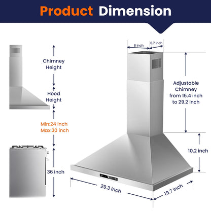 30 inch New Stainless Wall Mount Range Hood Kitchen Stove Exhaust Vent 3-Speed Fan 120V with Led Bulb