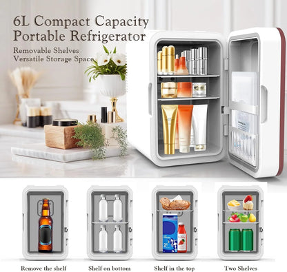 Skincare Fridge, 6L/10 Can Mini Fridge for Bedroom with Dimmable LED Mirror, Portable Cooler & Warmer Small Compact Refrigerator for Skincare, Cosmetics, Bedroom and Office, White
