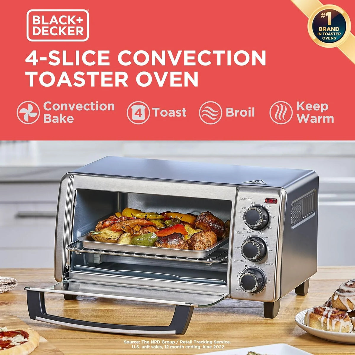 4-Slice Convection Oven, Stainless Steel, Curved Interior Fits a 9 inch Pizza, TO1313SBD