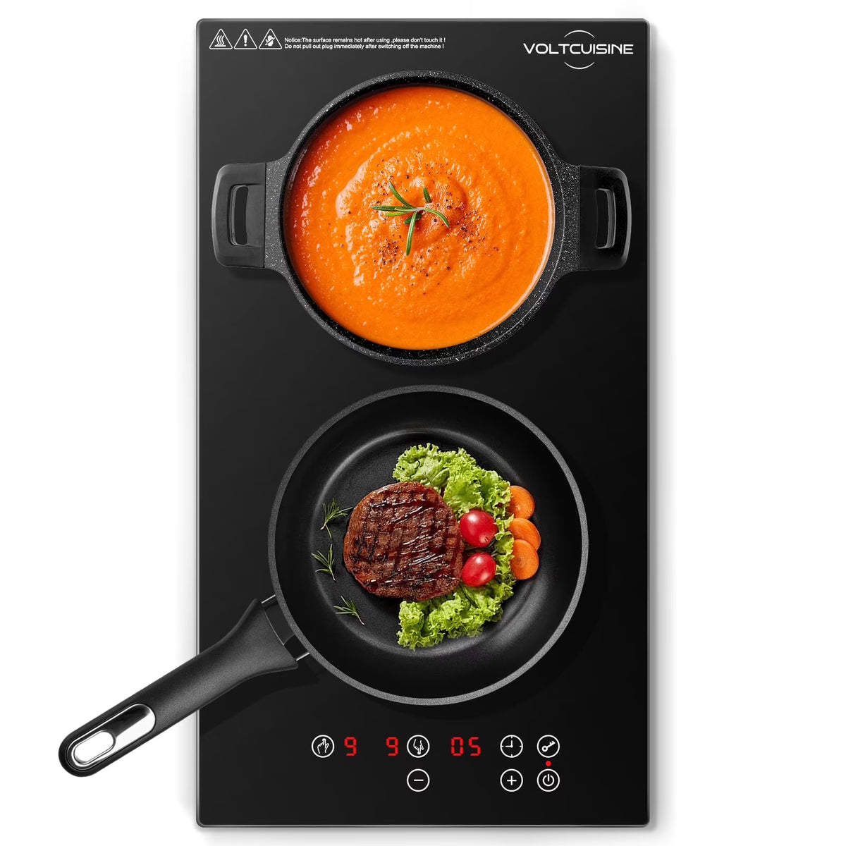 VoltCuisine Double/Dual Induction Cooktop 2 Burner, Shatter-proof Flat Glass Top, 9 Heat Settings, LED Touch Display with Child Safety Lock & Overheat Protection