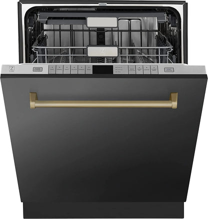 ZLINE Autograph Edition 24" 3rd Rack Top Touch Control Tall Tub Dishwasher in Black Stainless Steel with Gold Handle, 45dBa (DWMTZ-BS-24-G)