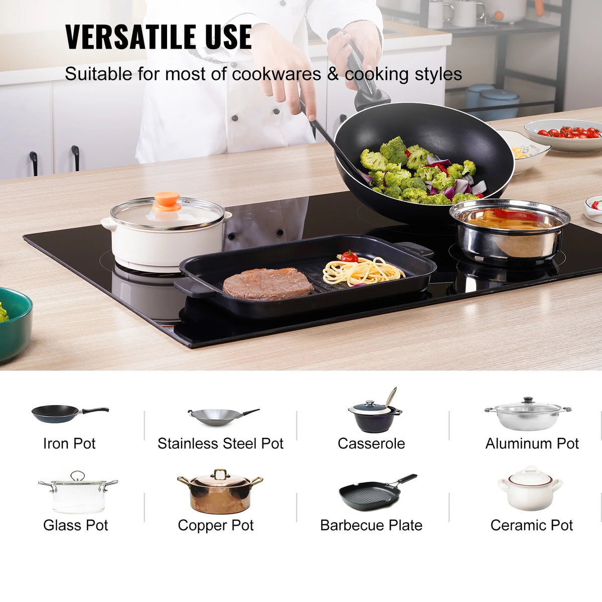 KFFKFF Sleek Electric Stove Top, 24" 4 Burners 240V 6000W Electric Cooktop Ceramic Top with Touch Control, Timer & Child Lock, 9 Heat Levels for Diverse Cooking Requirements(NO Plug)